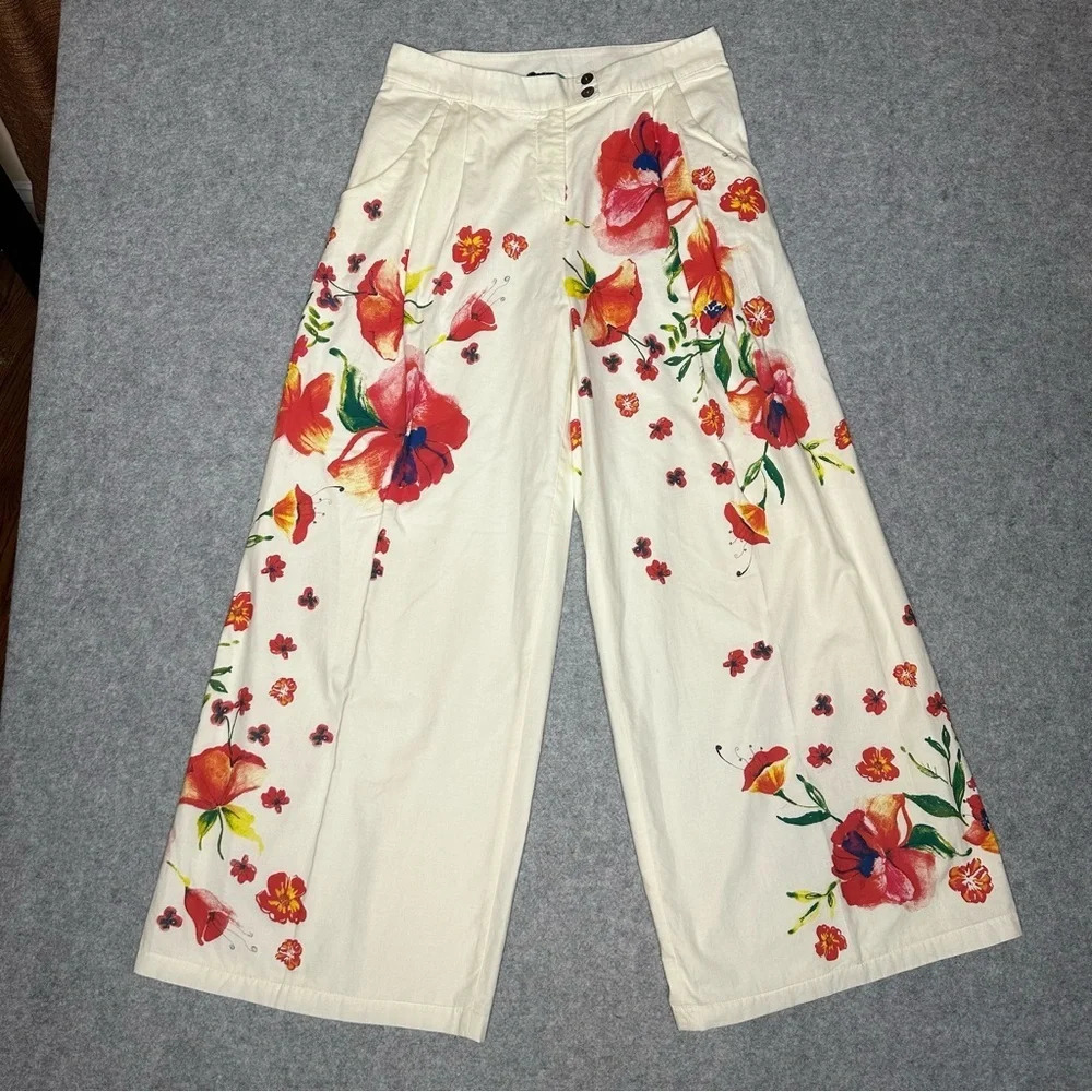 IVKO Women's Cream Floral Print Wide Leg Pant.   Sz: 38 EU/ 8 US - Picture 6 of 9